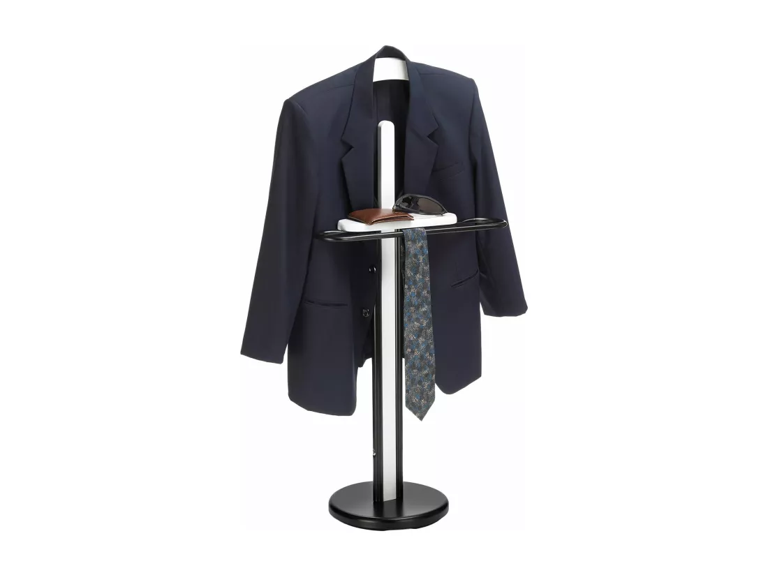 Valet de chambre MATTEO chevalet de nuit portant pour vêtements, structure en métal et en bois laqué couleur noir et blanc