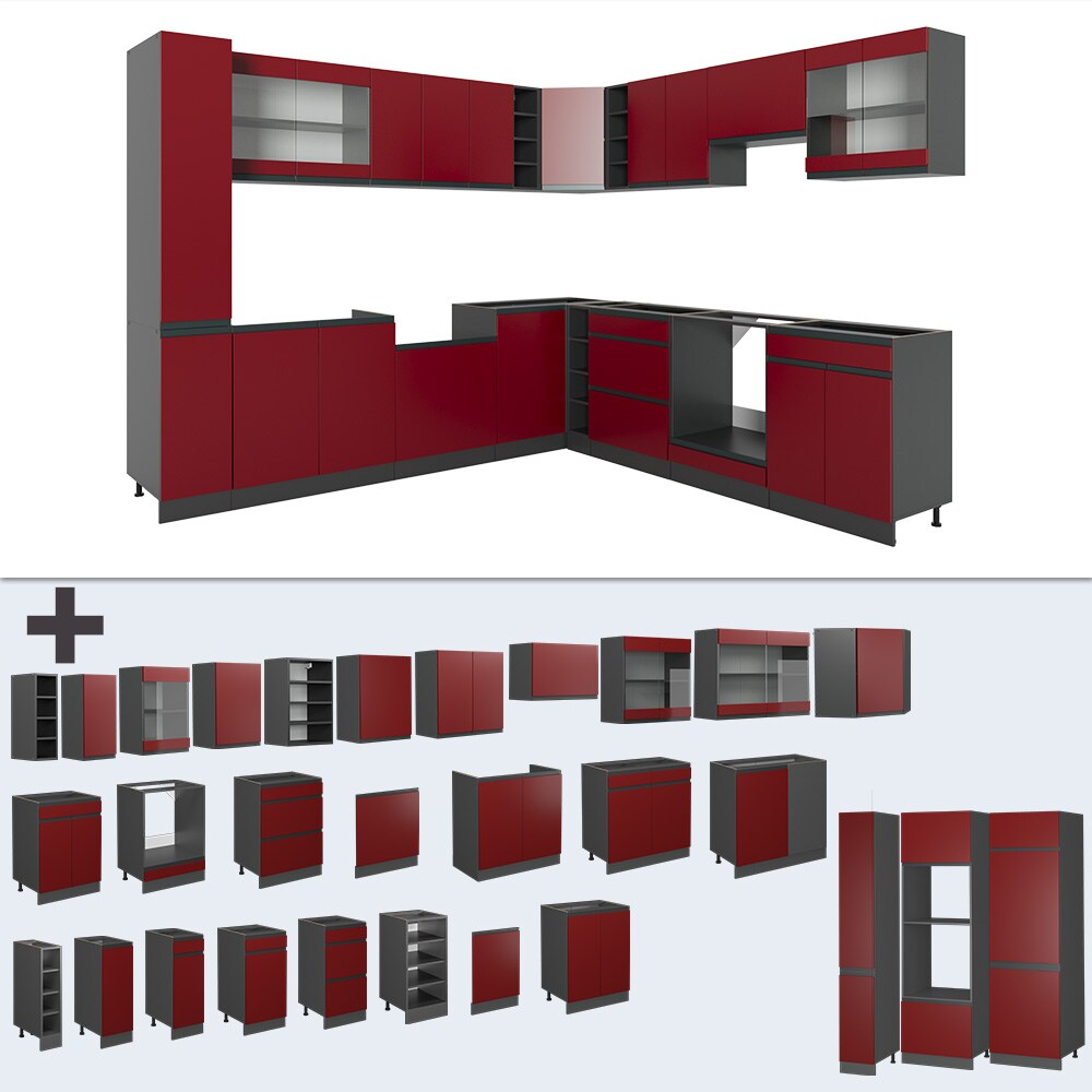 Vicco Eckküche Küchenblock Einbauküche R-Line J-Shape Anthrazit Rot 277x257 cm modern Küchenschränke Küchenmöbel