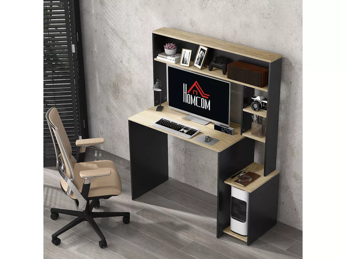 Bureau multi-rangement 5 étagères dim. 114L x 45l x 138H cm gris aspect chêne clair