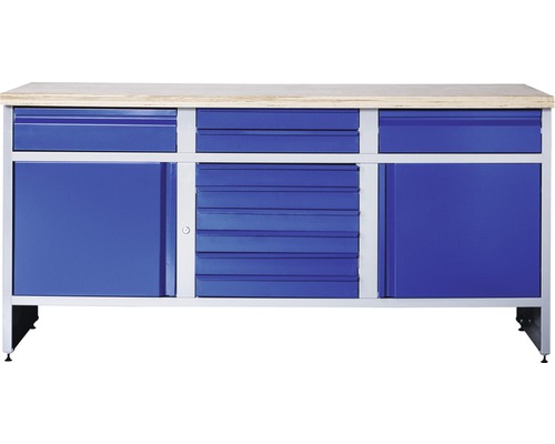 Industriële werkbank B 9.0, 1770 x 880 x 700 mm, 2 deuren, 10 laden, grijs/blauw