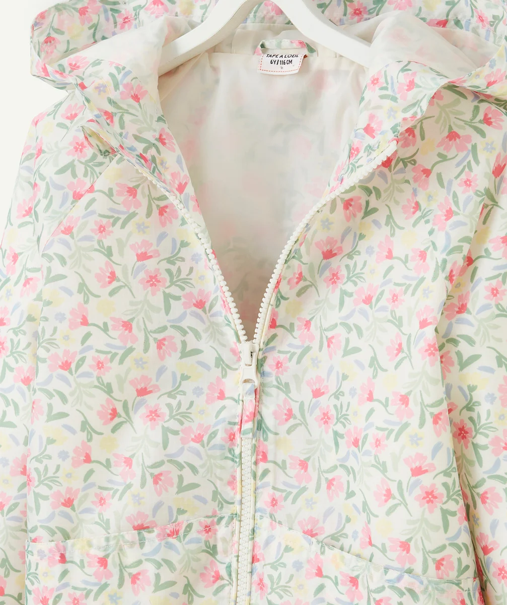 coupe-vent à capuche fille blanc avec imprimé à fleurs colorées