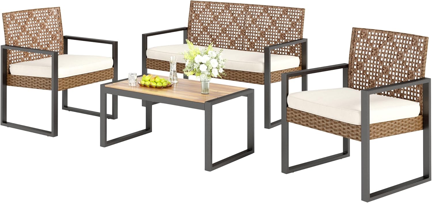 PHI VILLA Gartenmöbel Balkonmöbel Set mit 1 x 2-Sitzer Sofa, 2 x Sessel und 1 x Tisch, 4 Personen Outdoor Lounge Möbel Gartensofa. Wetterfest Rattan Balkon Lounge für Garten Terrasse, Beige & Braun