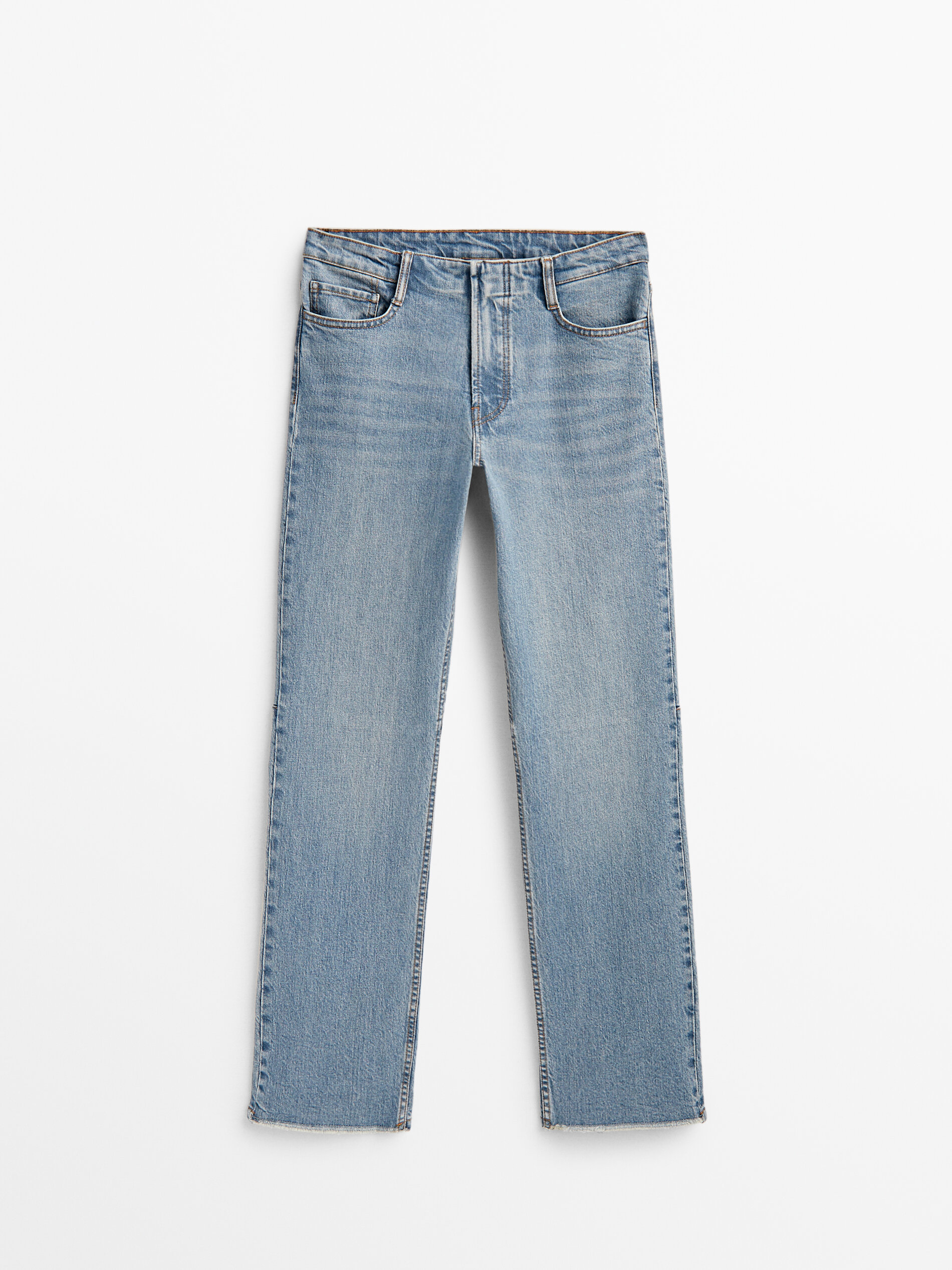 Calça Slim Fit de Tamanho Médio com Costuras - Azul Claro