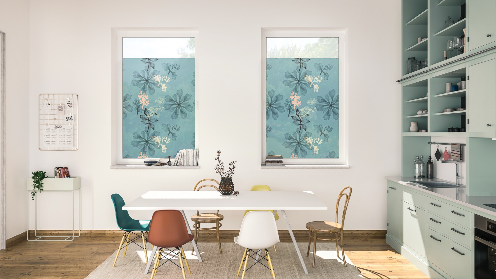 Lichtblick Fensterfolie selbstklebend, Sichtschutz, Aqua Floral - Blau