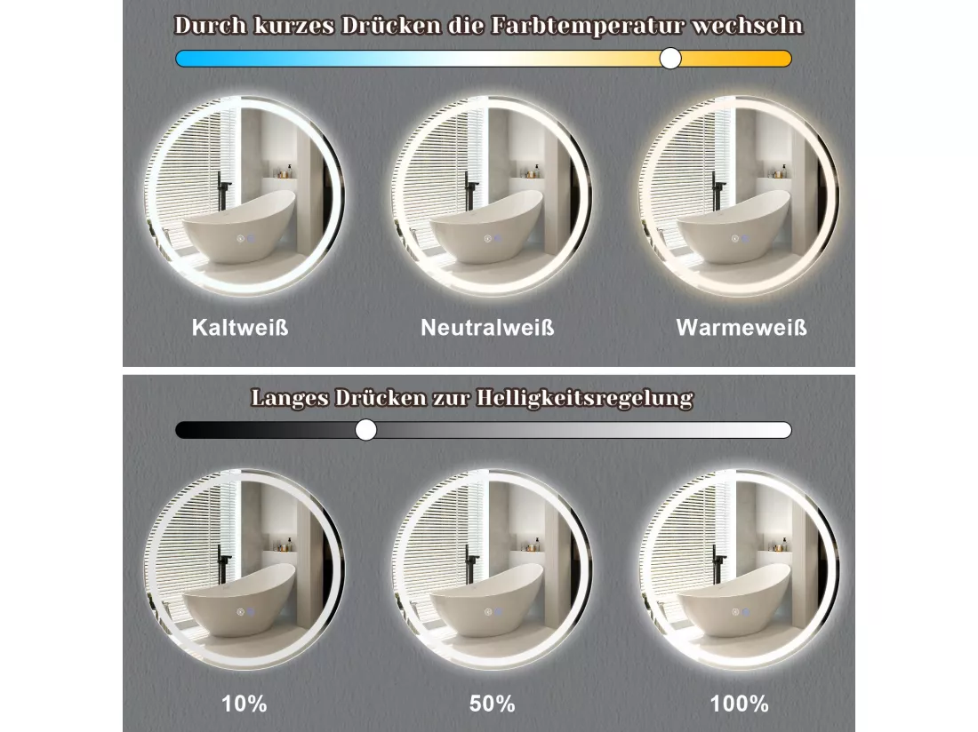 NETTLIFE Miroir lumineux salle de bain - Rond 50 cm LED, mural, interrupteur tactile, antibuée, IP44, réglable 3000K-6500K