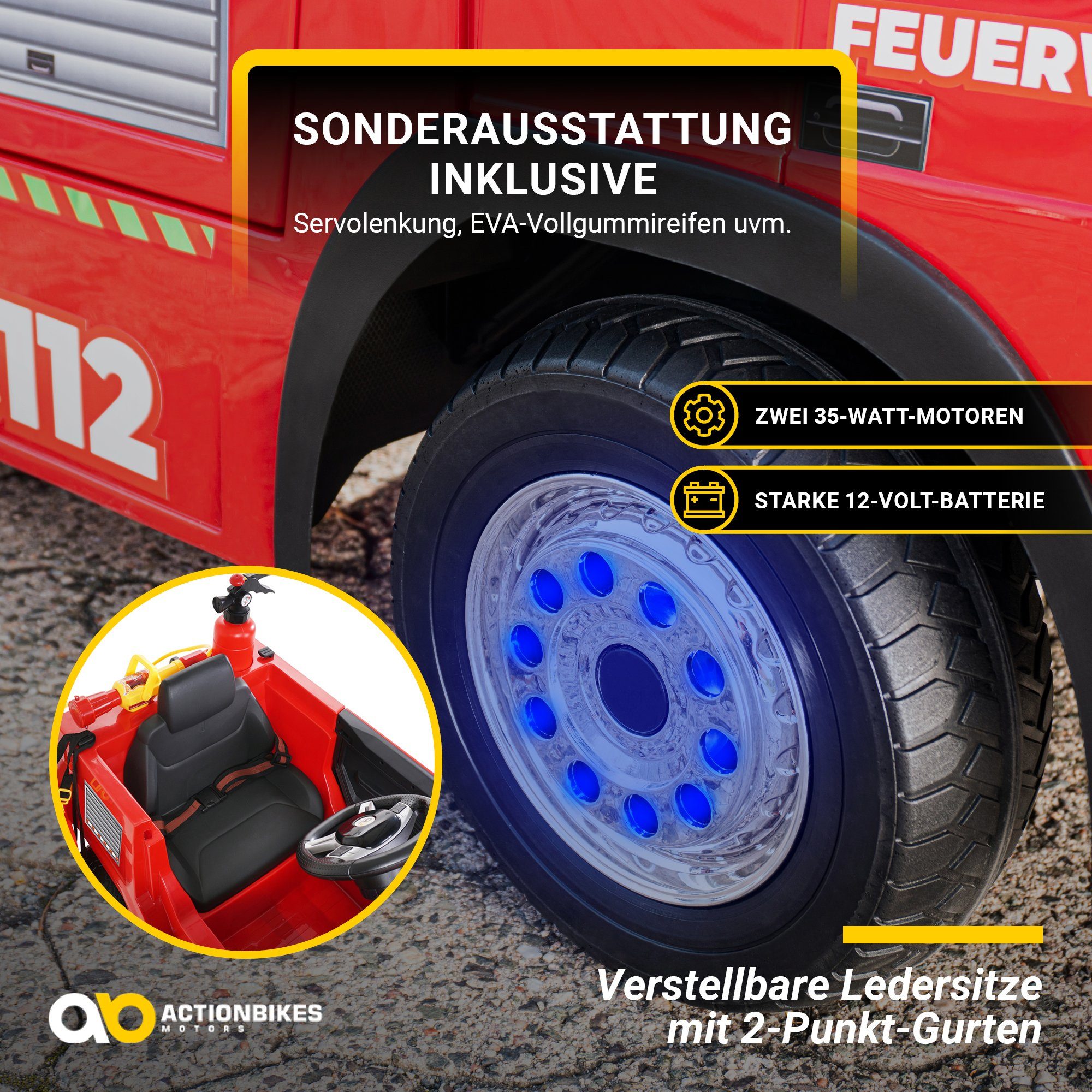 Actionbikes Motors Caminhão de Bombeiros Elétrico Infantil SX1818 - Controle Remoto - Lançador de Água, Capacidade de Peso de 40 kg (Conjunto de 4 peças), Brinquedo Infantil para Crianças a partir de 3 Anos, Elétrico - Sirene e Bluetooth