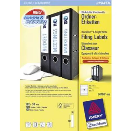 Avery Zweckform L4760-100 Ordnerrücken Etiketten A4, mit ultragrip, 38 x 192 mm, schmal/kurz, 100 Bogen/700 Etiketten, weiß