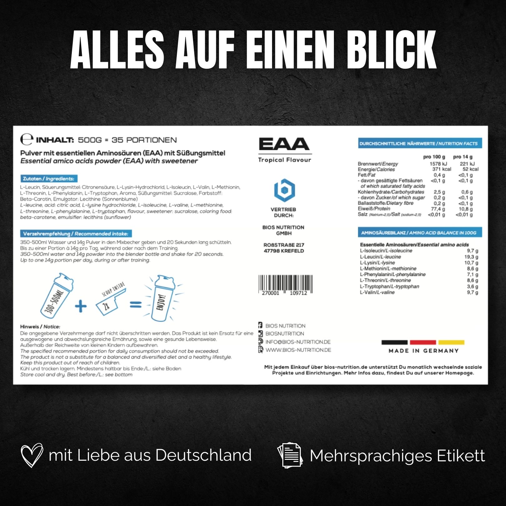 Bios Nutrition EAA Pulver - essentielle Aminosäuren - ohne schlechten Nachgeschmack