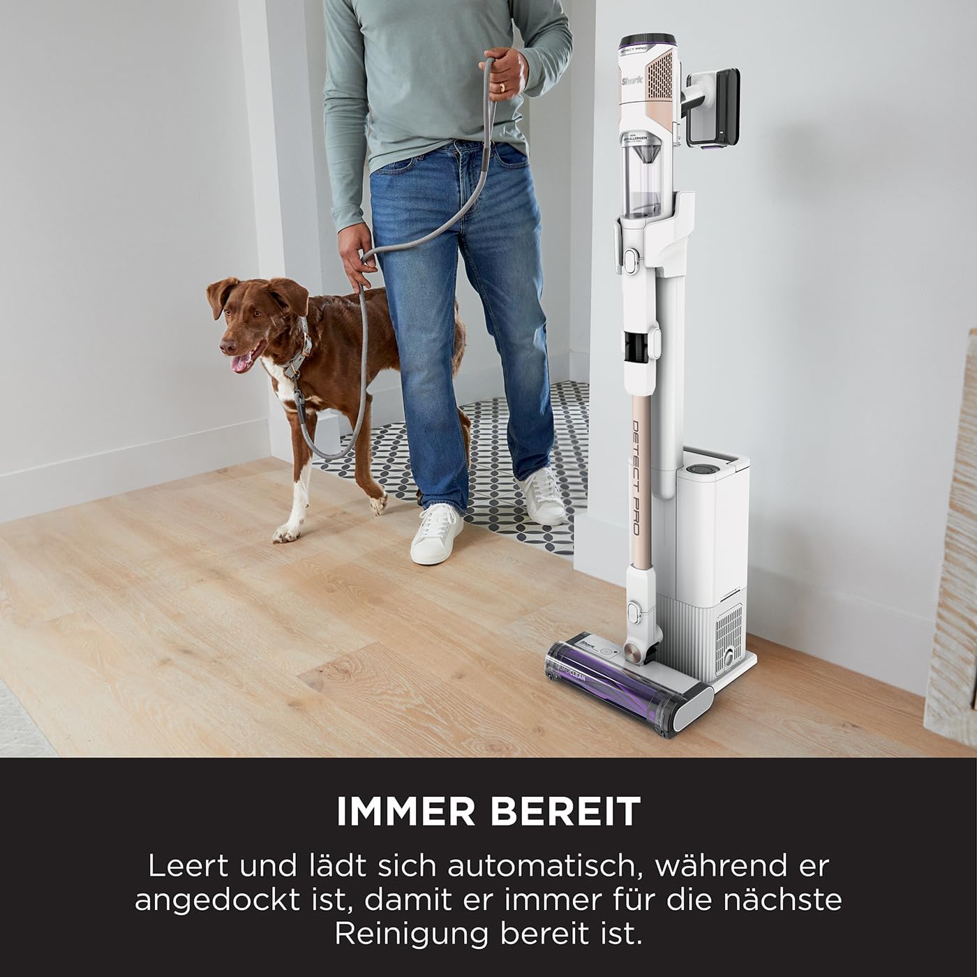 Shark Detect Pro kabelloser Akku-Staubsauger mit FloorDetect, 2L Auto-Empty System, 60 Minuten Laufzeit, leicht, flexibel, Anti-Hair-Wrap-Staubsauger kabellos mit Fugendüse, Weiß/Bronze IW3611EUN