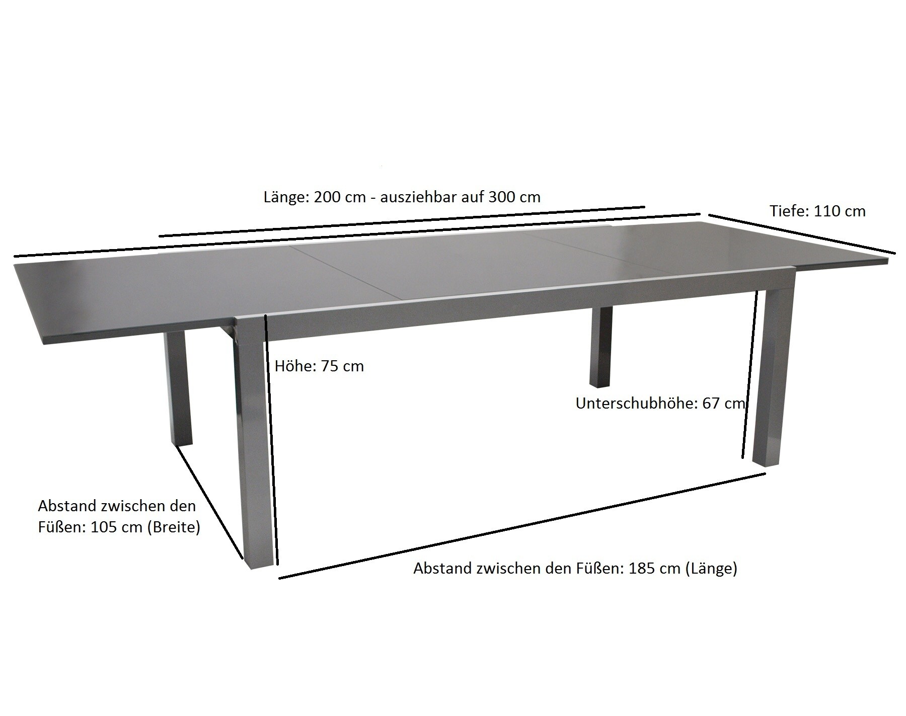 DEGAMO Ausziehtisch MARINA XXL,200/300x110cm, Aluminium + Glas grau