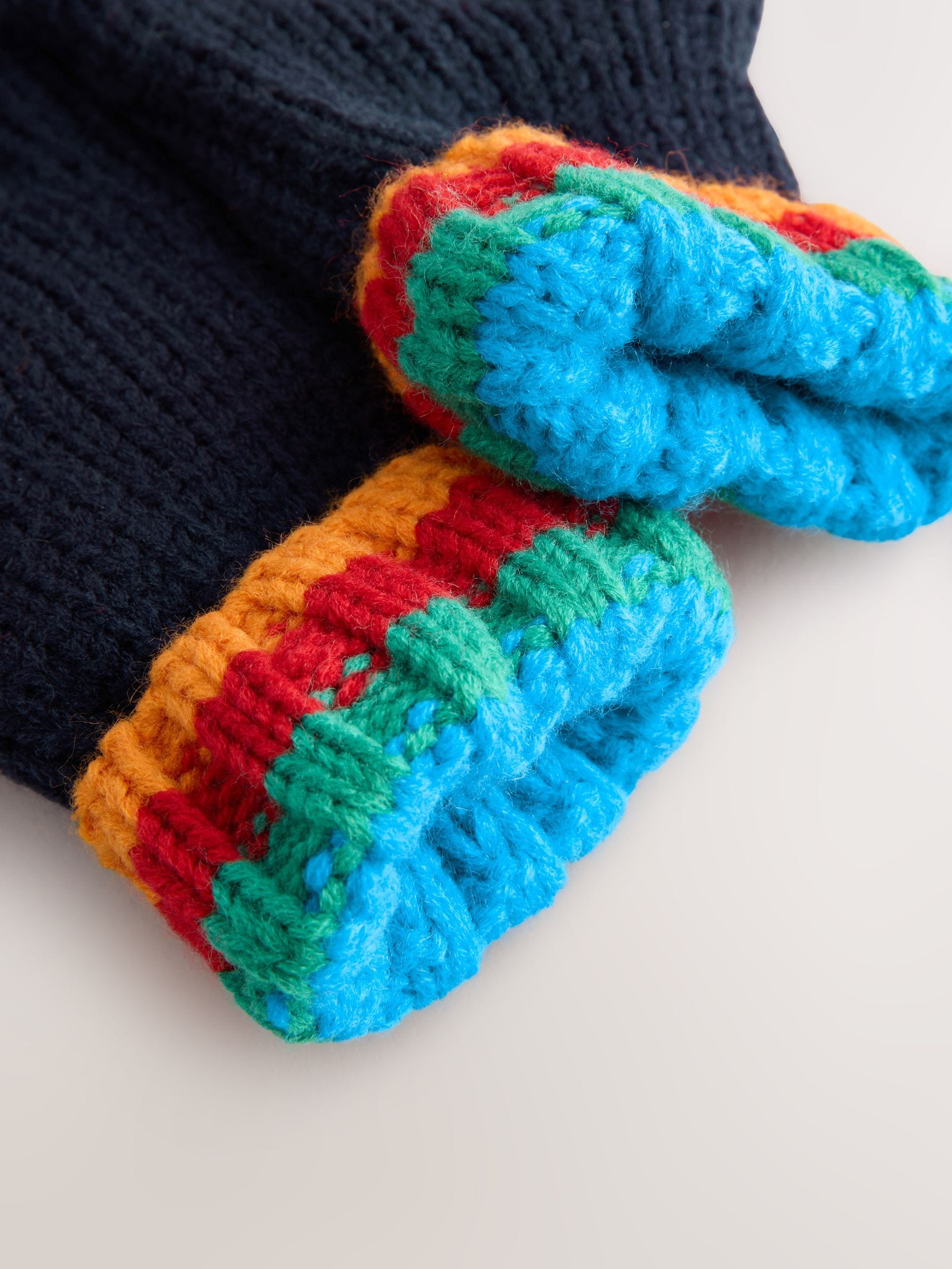 Marineblauw met regenboogrib - Set van 3 -delige muts, sjaal en handschoenen (3-16jr)