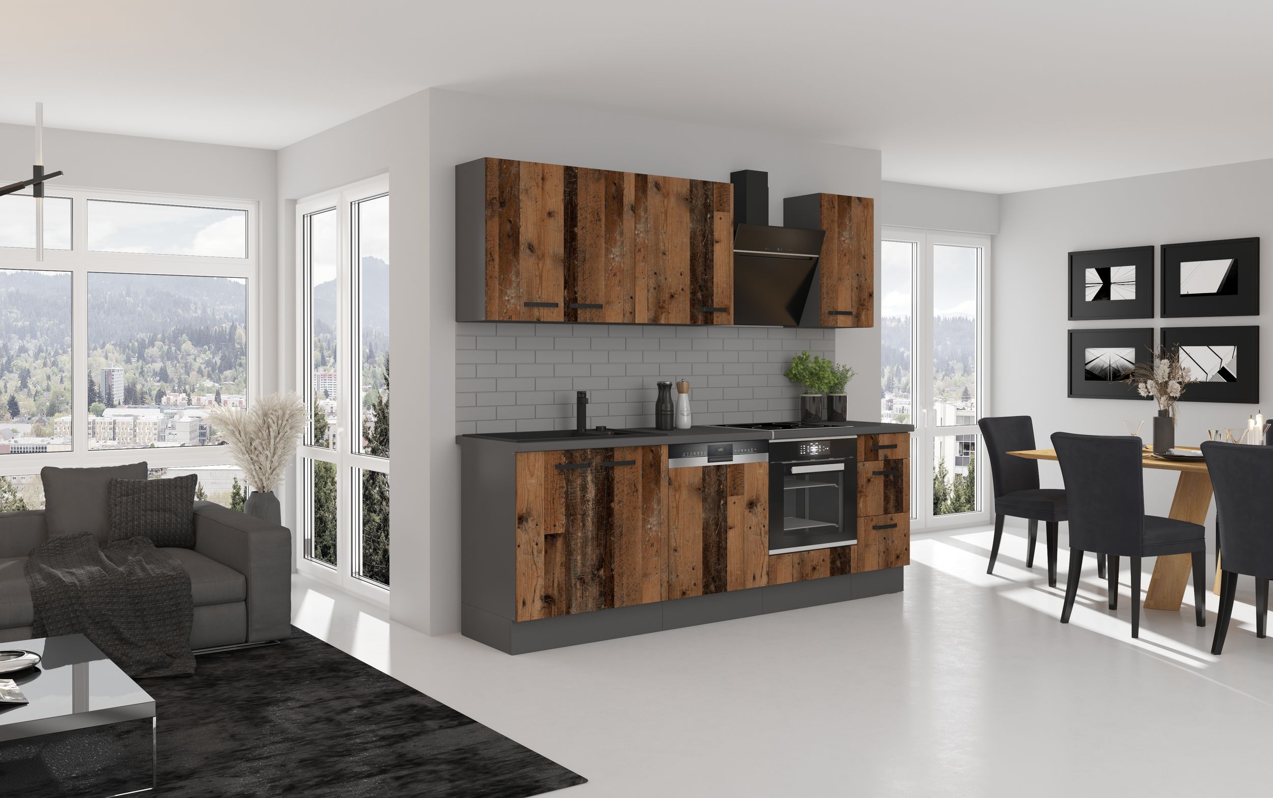 Küche OLD STYLE Basic 240 cm Old Wood Optik Küchenzeile Küchenblock Einbauküche