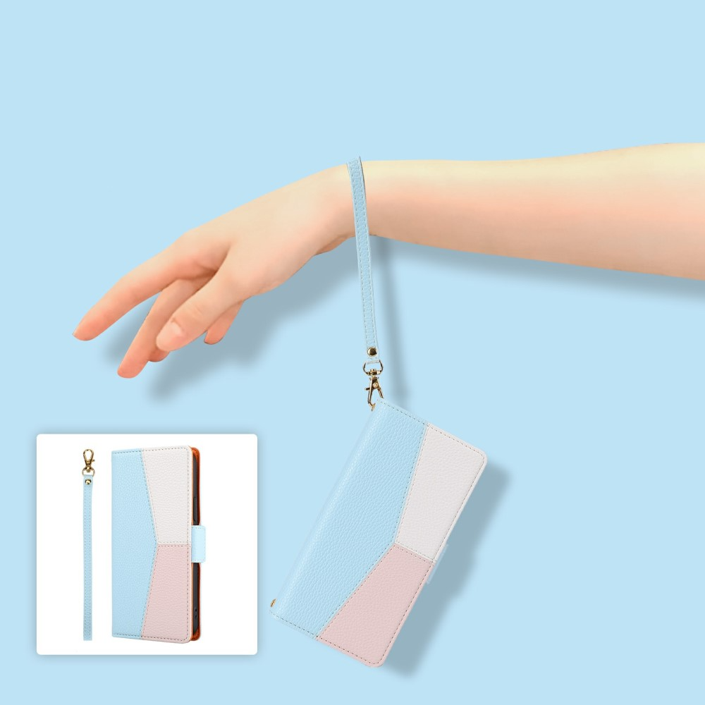 iPhone 12 / iPhone 12 Pro Leder Tasche Flip Cover Litchi Look mit Kartenfächern Geometrisches Design - Blau / Rosa / Weiss
