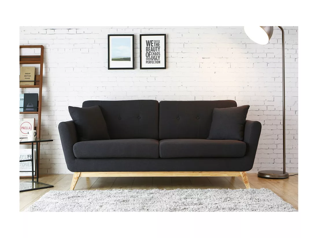 Canapé droit scandinave 3 places tissu gris anthracite HOGA