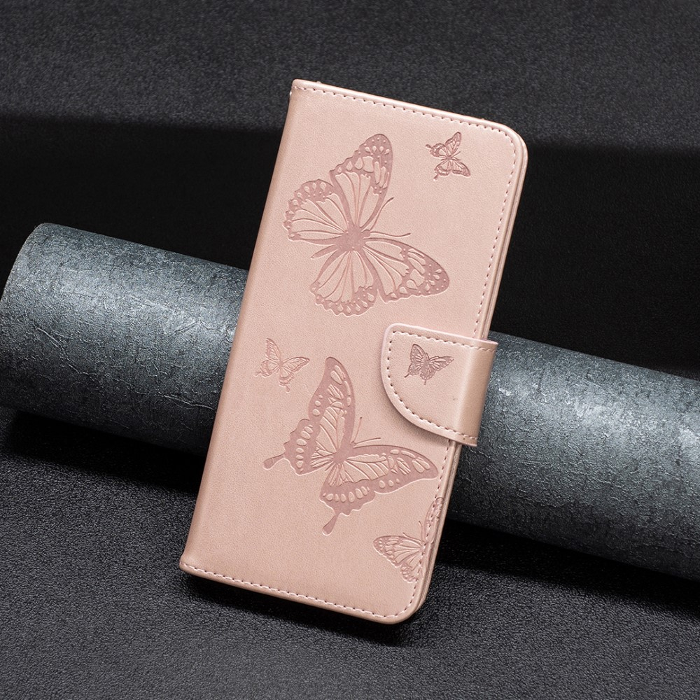 iPhone 15 Pro Leder Tasche mit Kartenfach   Handschlaufe Schmetterling - Roségold