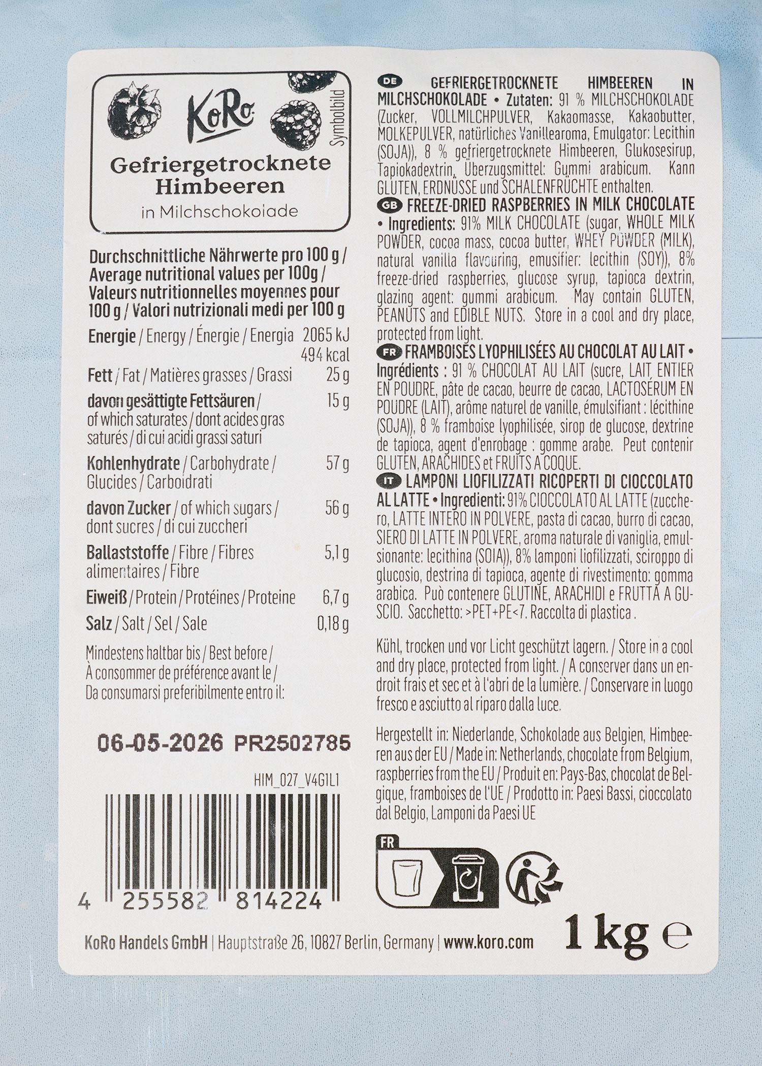 Gefriergetrocknete Himbeeren in Milchschokolade 1 kg