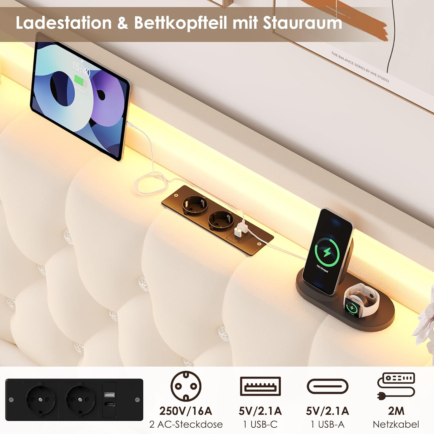 FOREHILL Polsterbett 140x200 Bettgestell mit Stauraum, LED Beleuchtung, Ladestation, Bett Jugendbett mit 4 Schubladen, Kopfteil, Lattenrost, Samt weiß