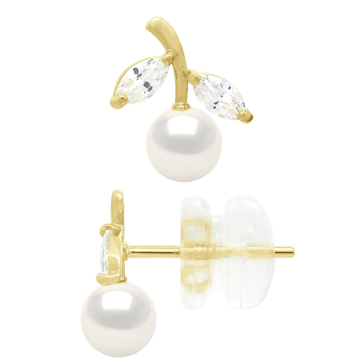 Boucles d'Oreilles - Fleur Ornées d'Oxydes de Zirconium et Perles - Or Jaune