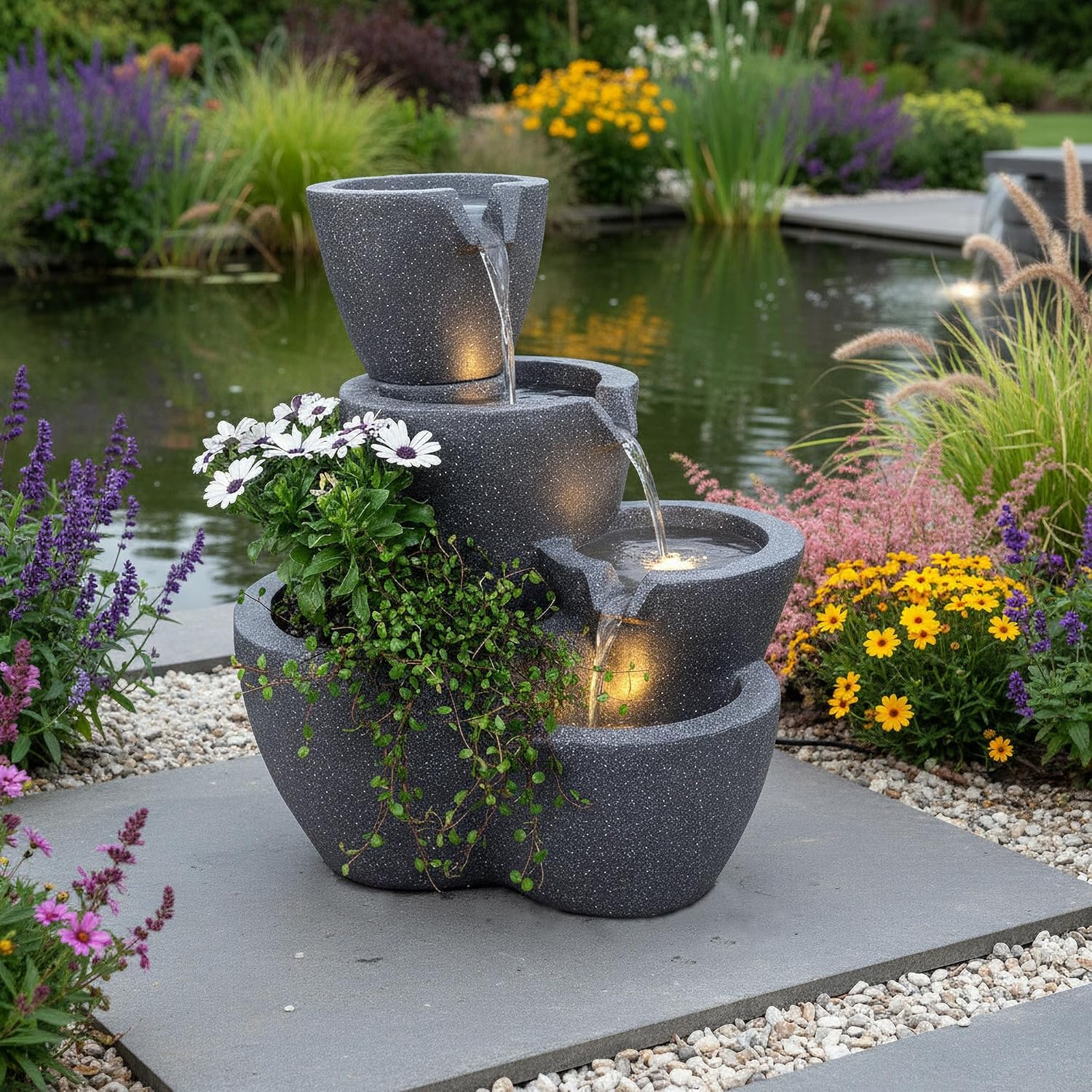 Zimmerbrunnen mit Beleuchtung Botana Gartenbrunnen bepflanzbar Springbrunnen Terrassenbrunnen (LED: Warm-Weiß)