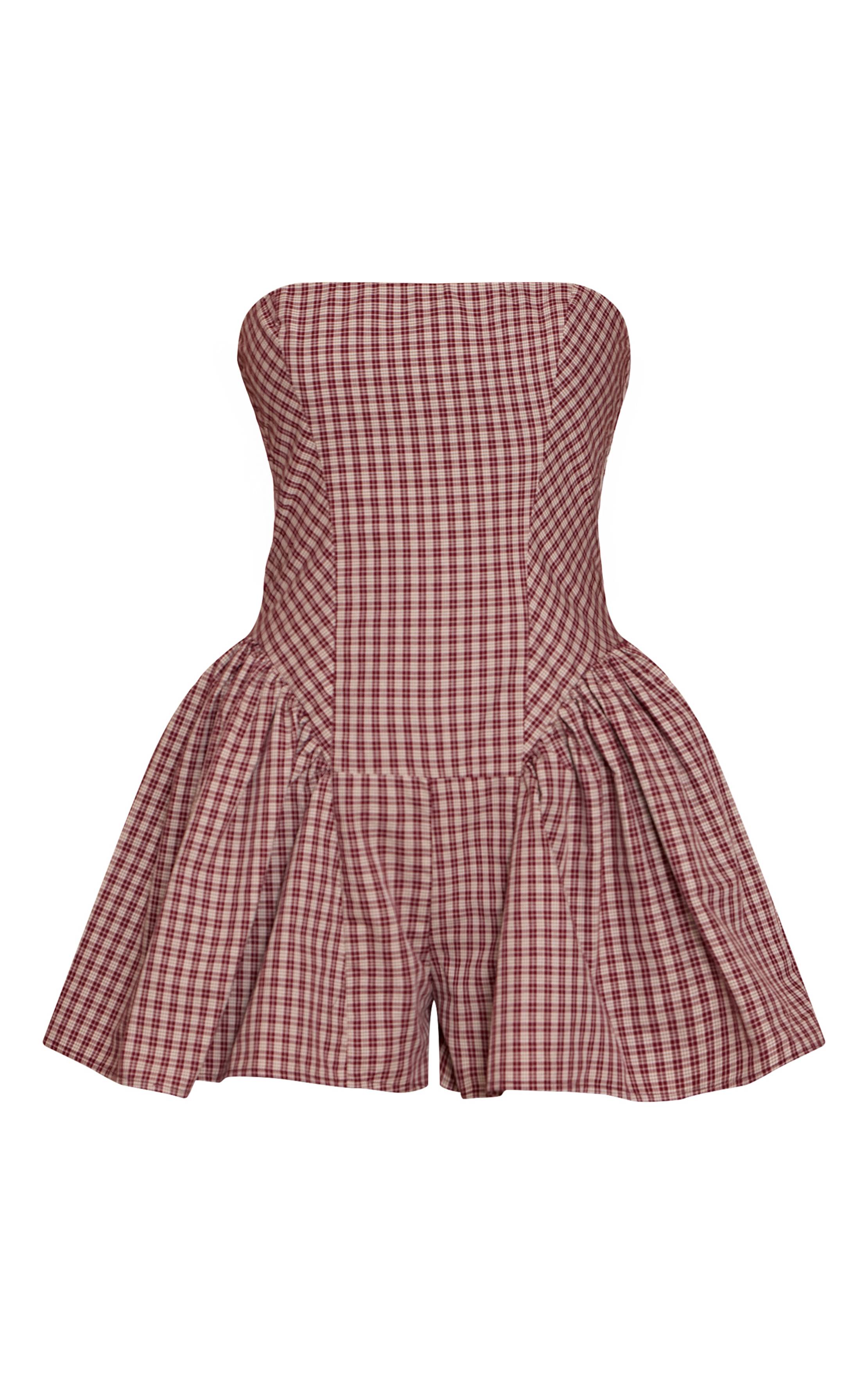 Rouge Bordeaux Combi-short Bandeau Tissé À Carreaux