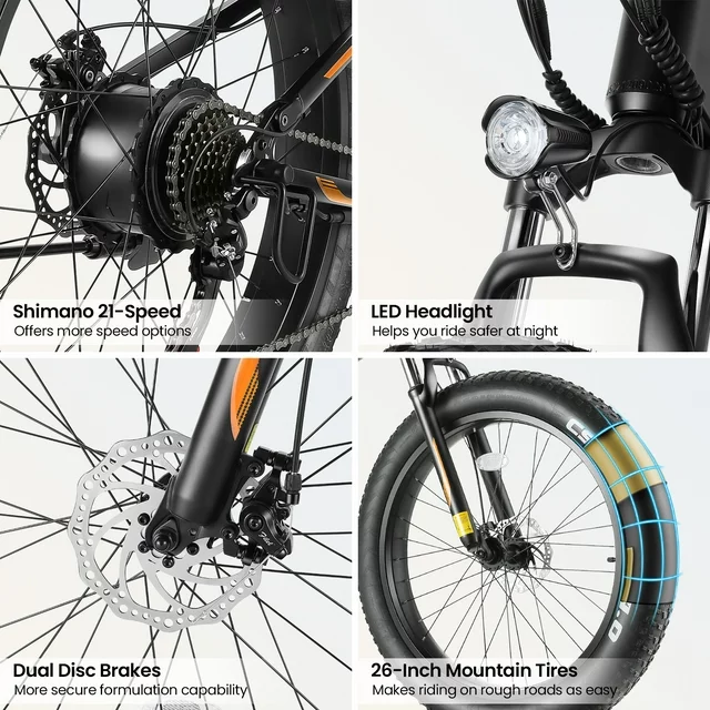 Bicicleta elétrica Funcid, aro 26x4 com pneus largos, 500W, dobrável, para adultos, com bateria de 48V 10Ah.