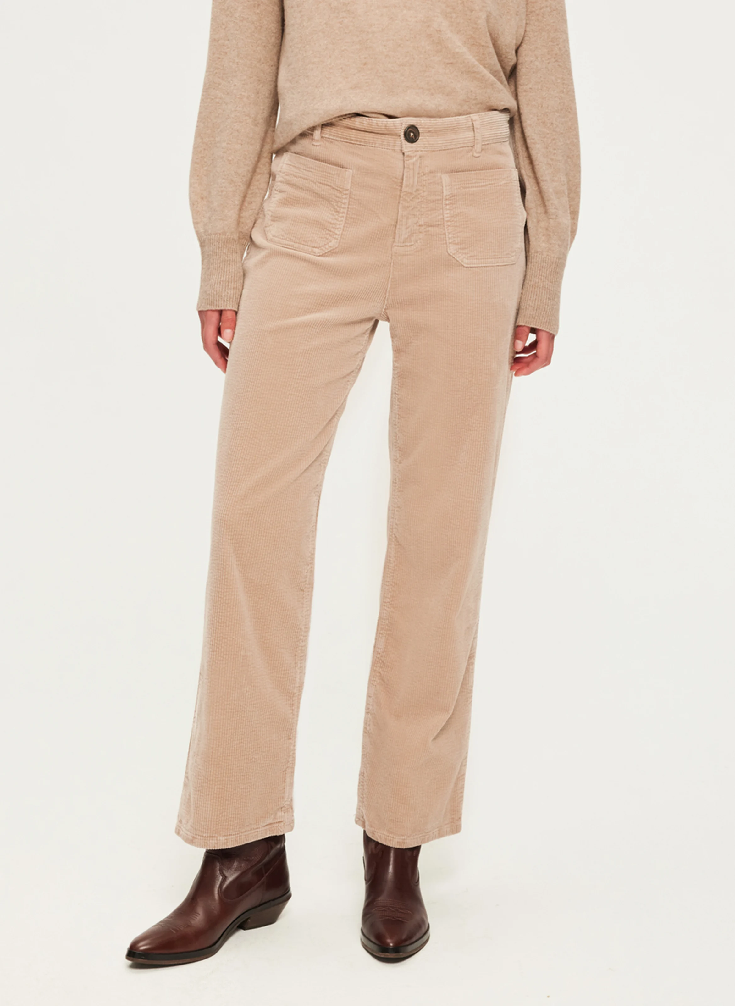 NANETTE - Pantalon droit en velours beige de coton | Beige