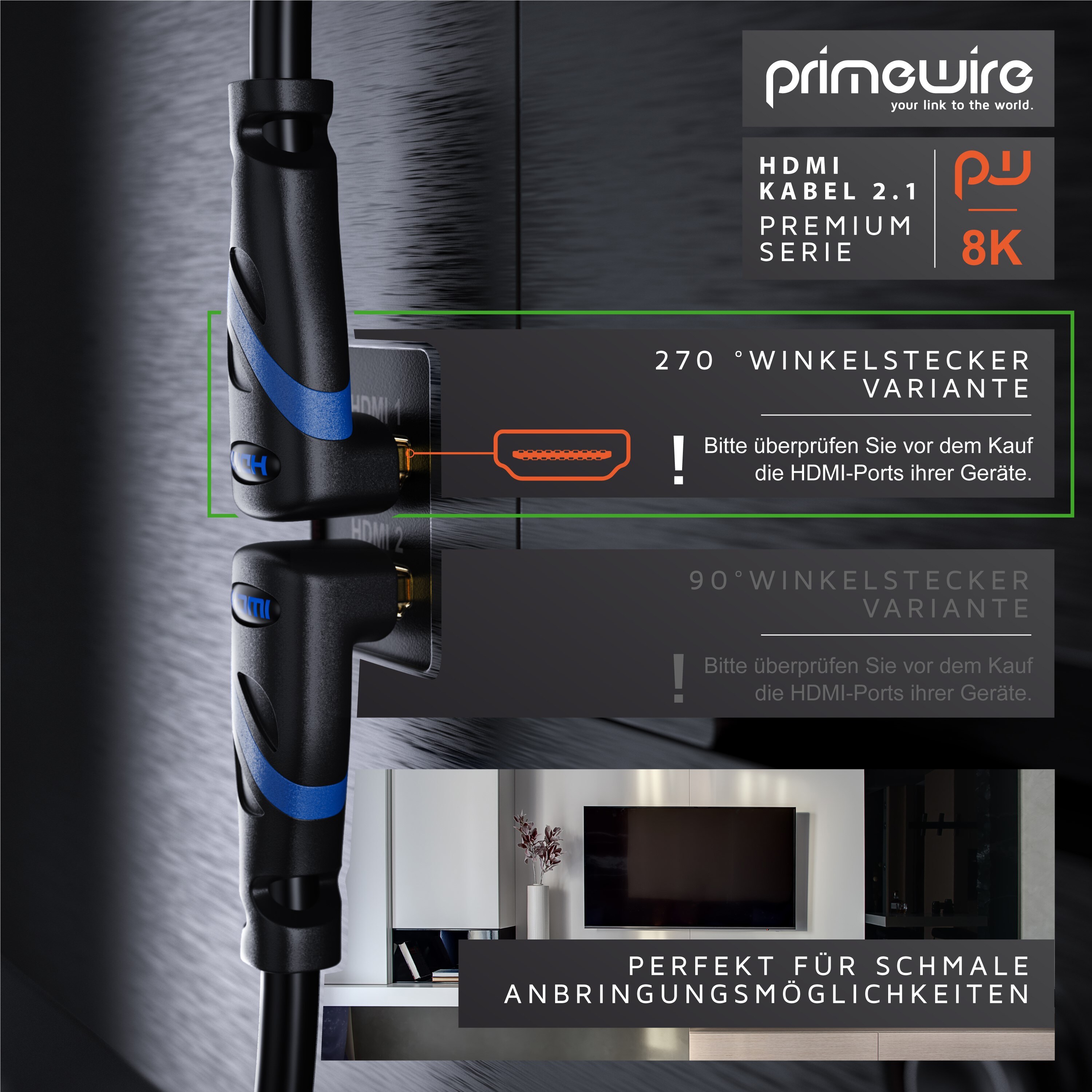 Primewire 8K Premium HDMI Ultra High Speed Kabel 2.1 270° gewinkelt, 7680 x 4320 @ 120 Hz mit DSC - 0,5m