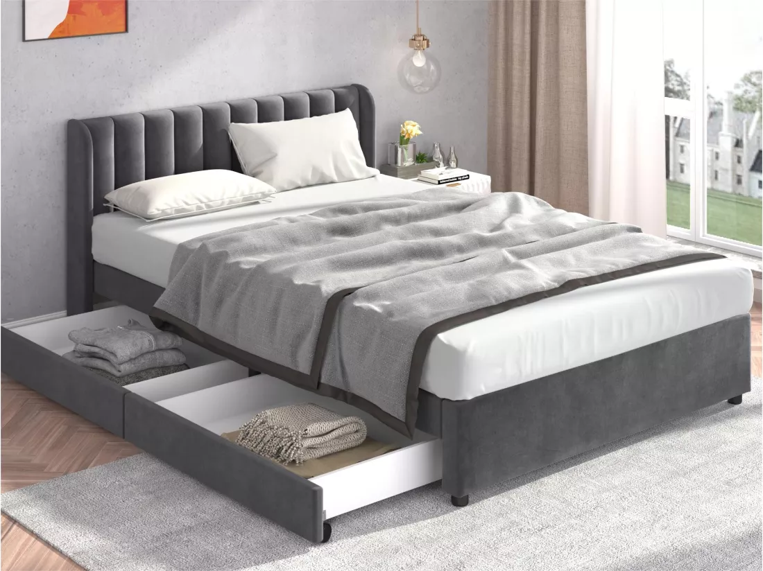 Lit 180x200cm avec 2 tiroirs - rembourré en velours - style moderne - Gris