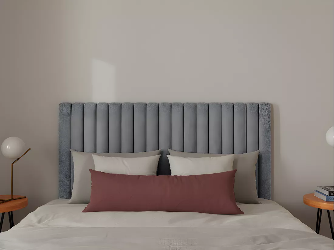 Lit coffre 180 x 200 cm avec tête de lit coutures verticales - Tissu - Gris + Matelas - SARAH