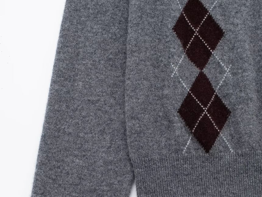 Omelia - Argyle Print Polo-hals Knoopsluiting Cardigan