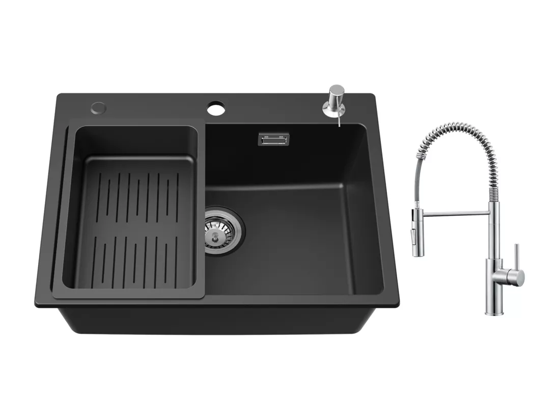 Cecipa max Evier en Quartz et Résine 60*45cm, avec Panier de Vidange et Distributeur de Savon + Mitigeur à Ressort Brossé avec Douchette Extractible