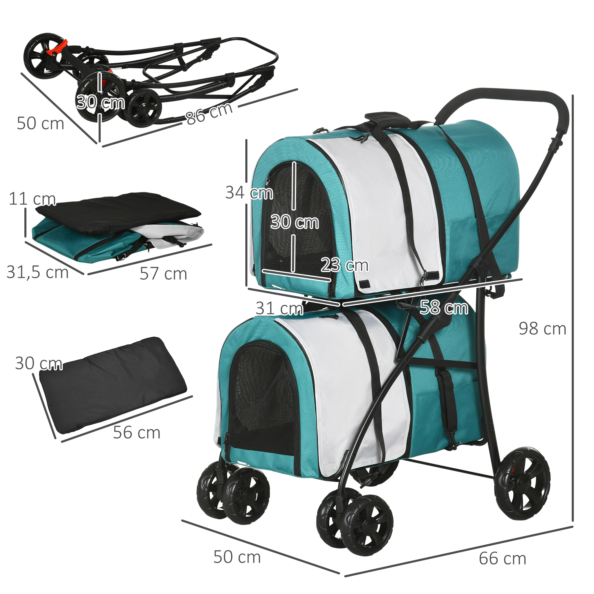 Carrinho duplo PawHut para cães e gatos, dobrável, com 2 compartimentos removíveis, cinto de segurança, bolsos laterais e 2 almofadas, 66x50x98 cm, verde e cinza.