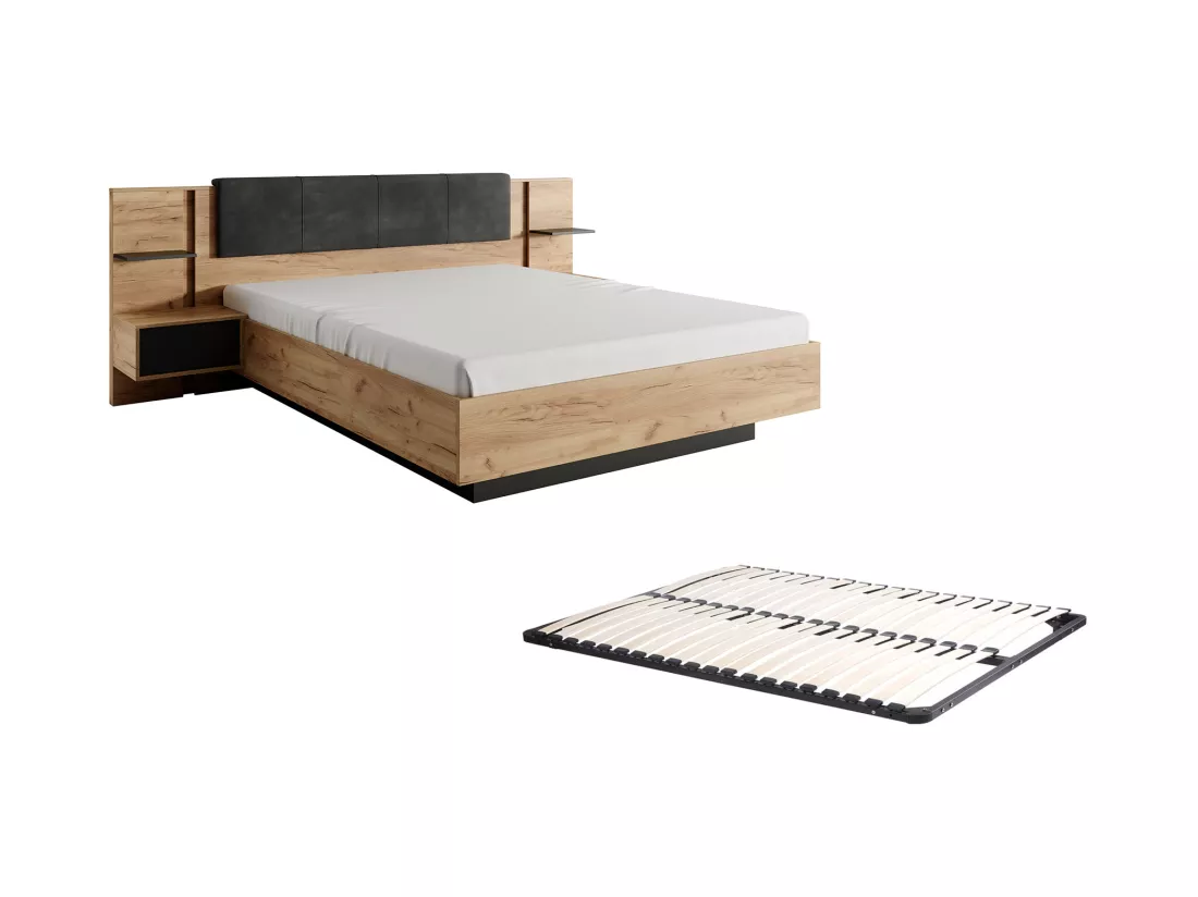 Lit avec chevets 160 x 200 cm - Avec LEDs - Coloris : Naturel et anthracite + Sommier - ELYNIA