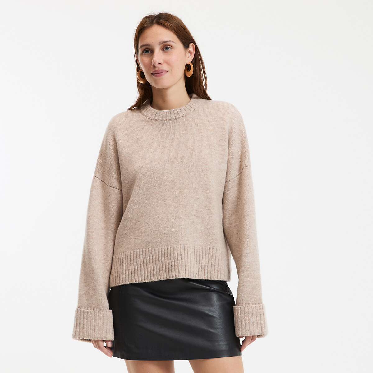 COLEÇÕES LA REDOUTE<br>Suéter de lã, gola redonda, tricô grosso