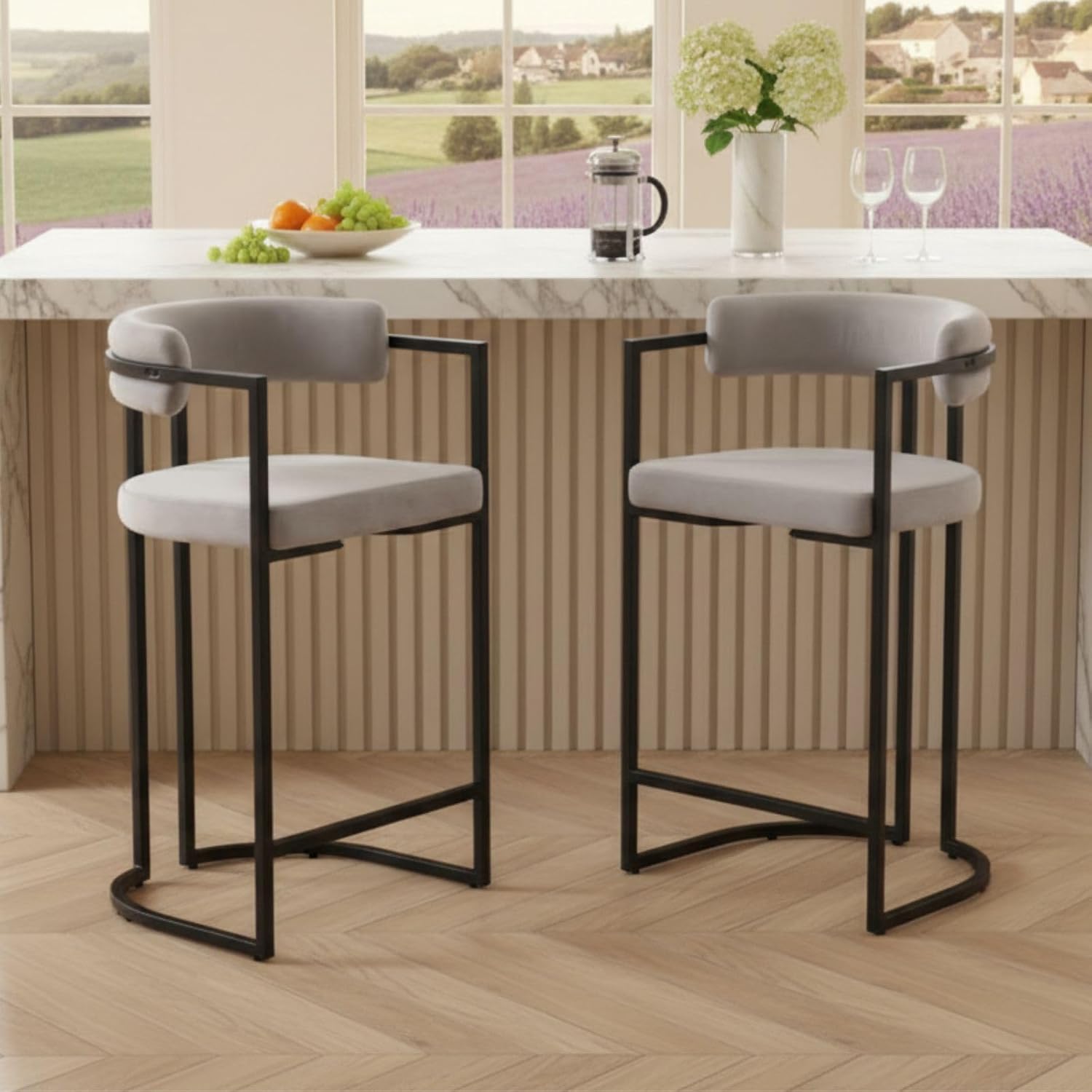 chairus Küchenhocker Samt 2er Set Barhocker Frühstück Modern Tresenhocker für Esszimmer Höhe Bistrohocker mit Lehne (Grau) CA7371347