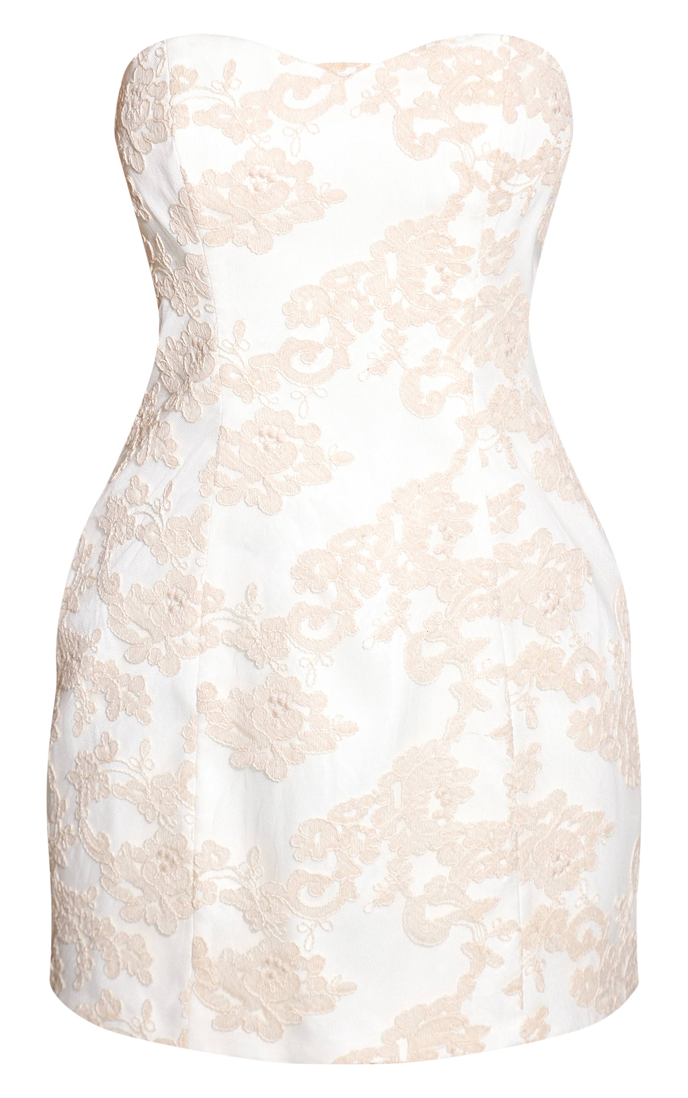 Crème Robe Mini Moulante Tissée Brodée