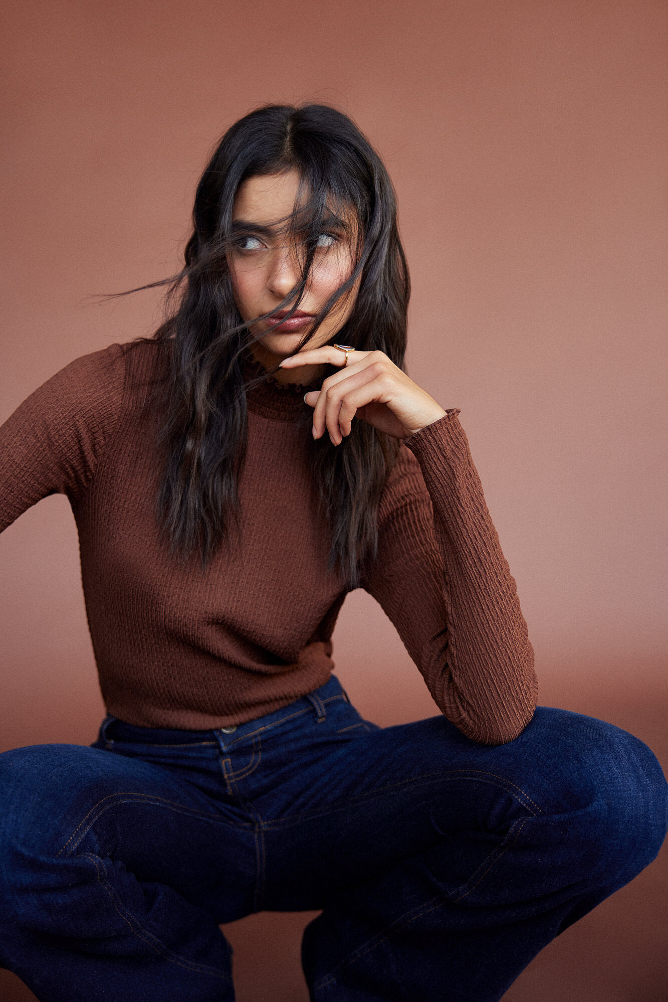 Blusa de tricô com padrão favo de mel. - Camelo