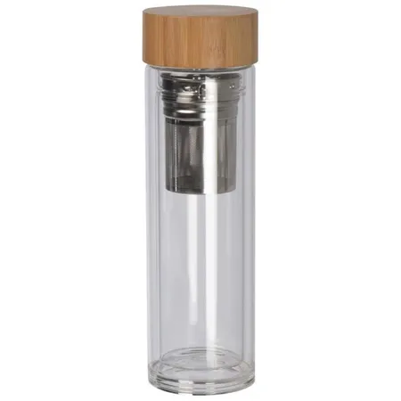 Macma Doppelwandige Vakuum Trinkflasche aus Glas mit Deckel aus Bambus / 420ml