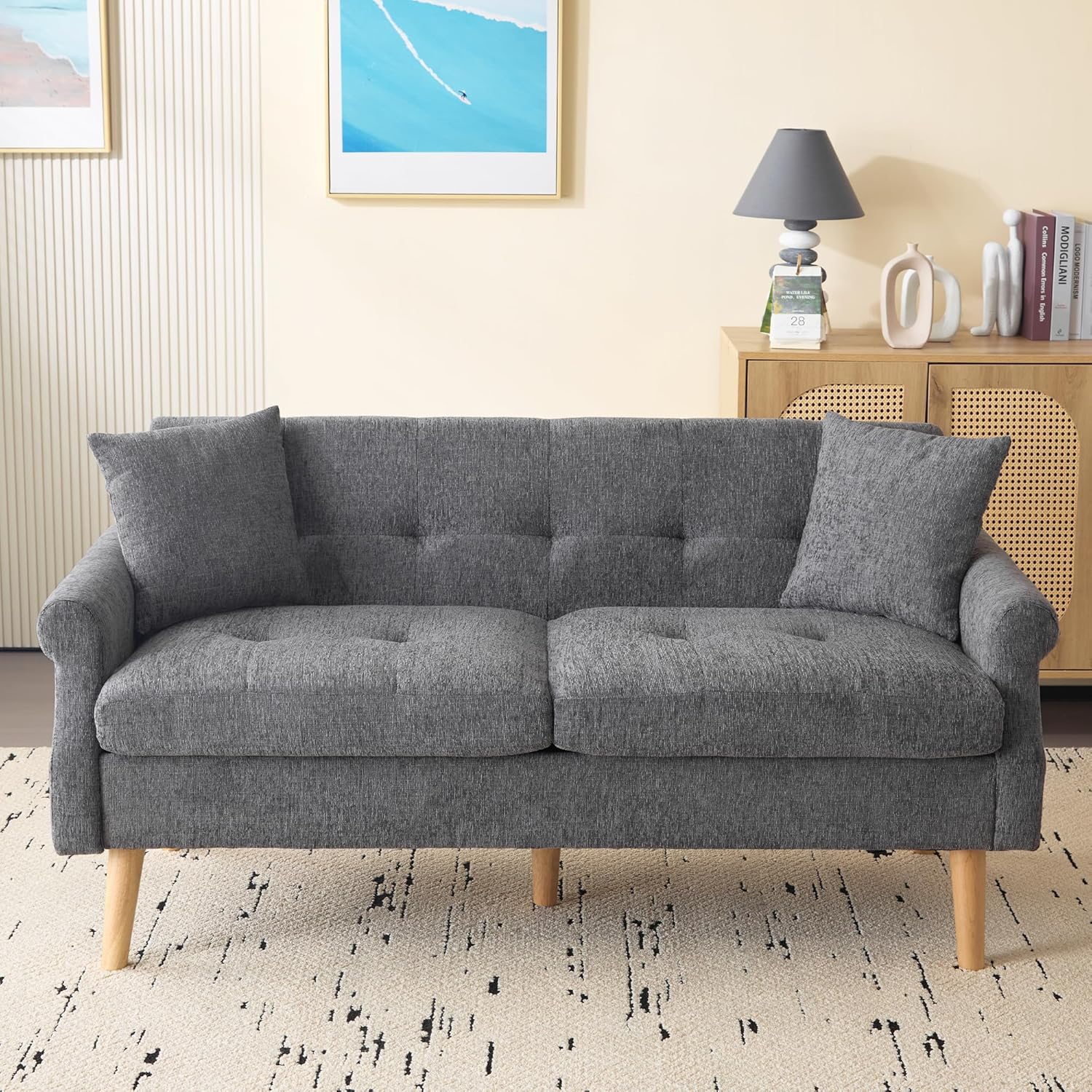 Merax 2 Sitzer Sofa Klein Couch, 162 cm Polstersofa aus Chenille-Stoff Modern Mini Sofa mit dicken Kissen, massiven Holzsofalegs, Doppelsofa für Wohnzimmer/Schlafzimmer/Wohnung, Grau