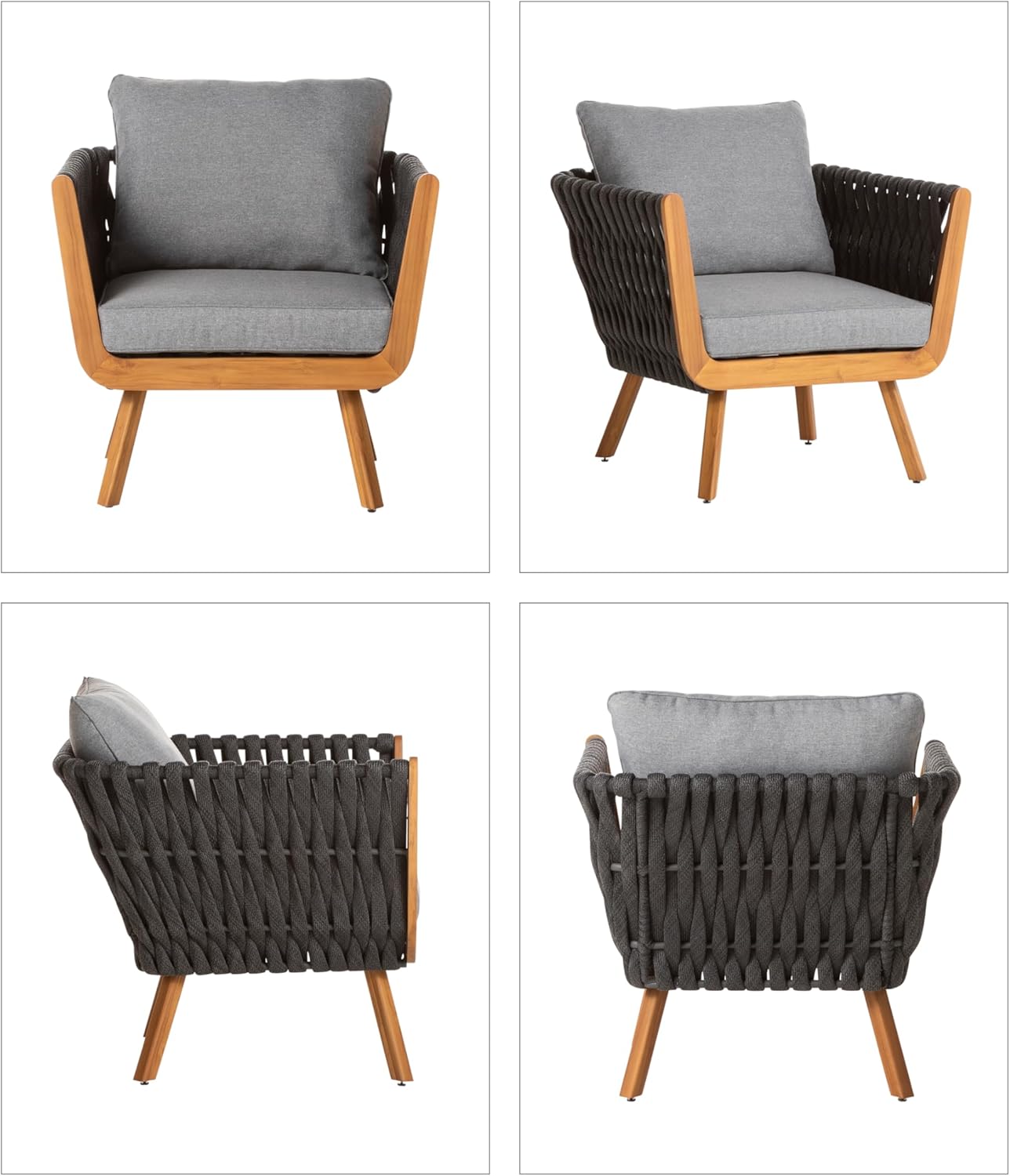 Dehner Garten-Lounge Granada, 4-teilige Outdoor Sitzgruppe, 1x Sofa / 2X Sessel, je inkl. Polster, 1x Tisch, Aluminium/FSC® zertifiziertes Teakholz/Polyester, braun/grau