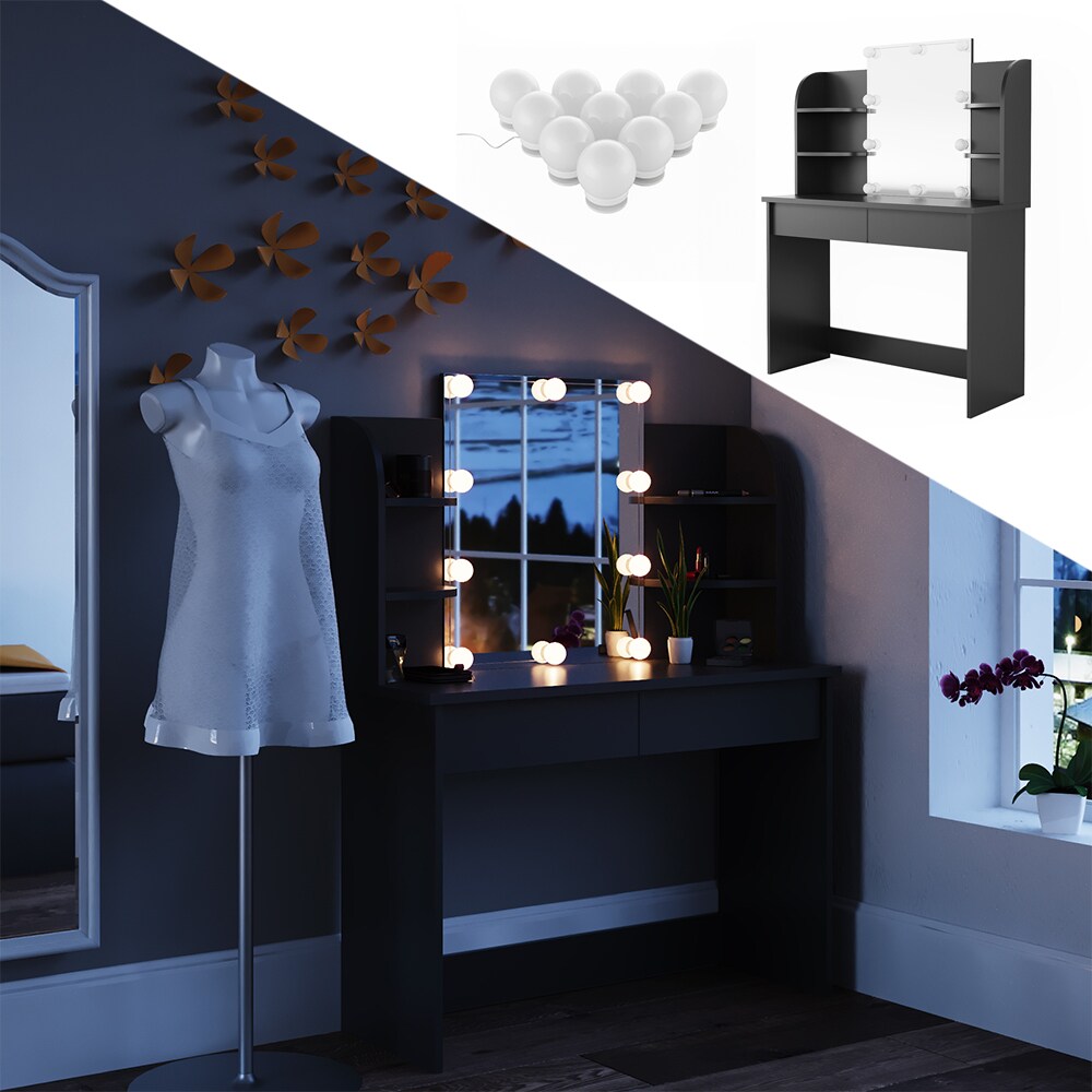 Vicco Schminktisch Charlotte Frisiertisch Kommode Frisierkommode Spiegel Schwarz inklusive LED-Lichterkette