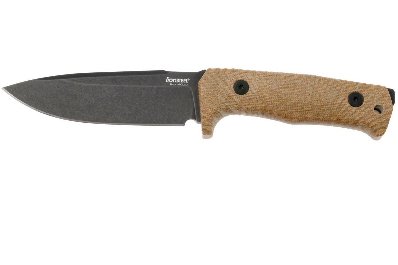 LionSteel T5B-CVN Blackwashed Niolox, Natural Canvas Micarta, vaststaand mes