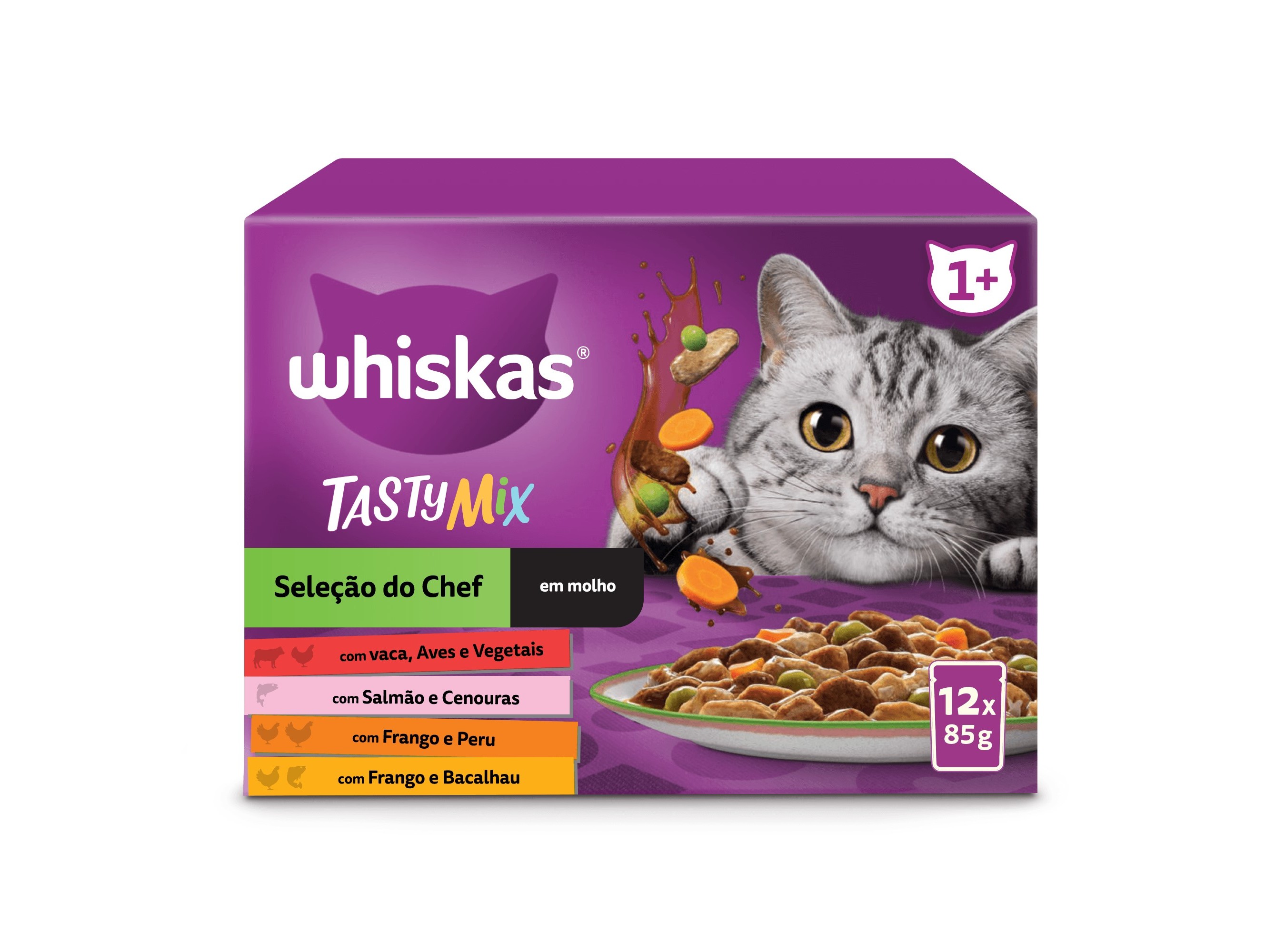 COMIDA HÚMIDA GATO WHISKAS TASTY MIX SELEÇÃO DO CHEF 12X85G