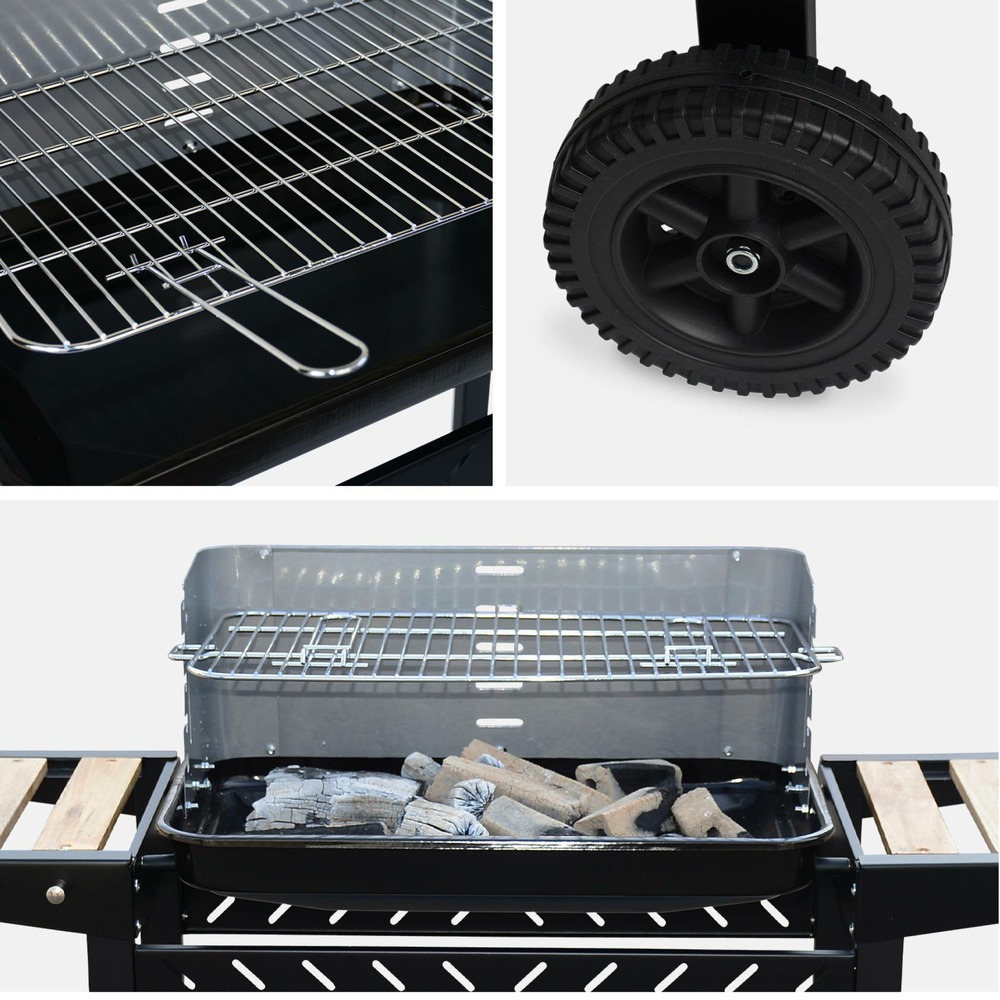 Barbecue au charbon. Noir et gris. Hauteur de grille ajustable. Cuve émaillée. Tablettes en bois + cheminée d’allumage