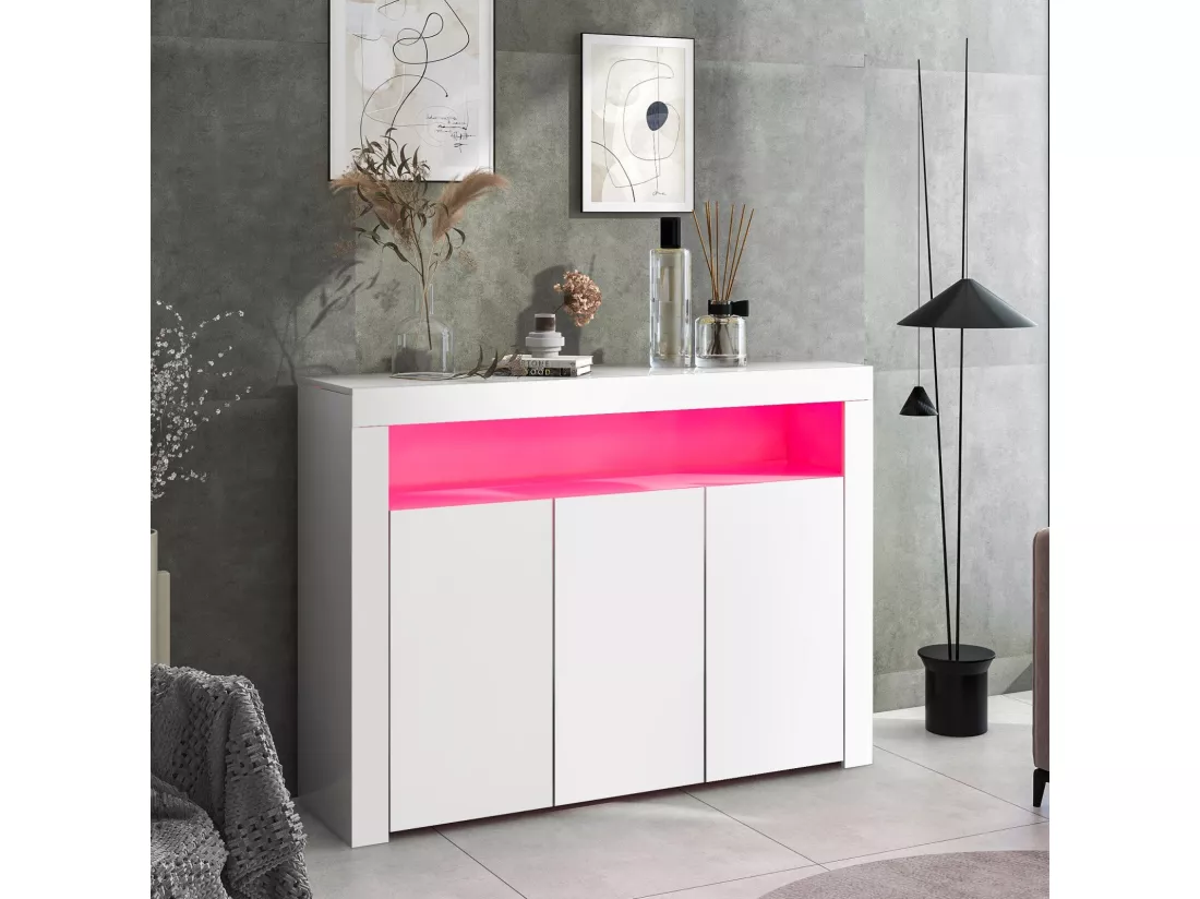 Buffet 3 portes et 1 niche - Panneau de particule - avec 16 couleurs LED et télécommande - Blanc