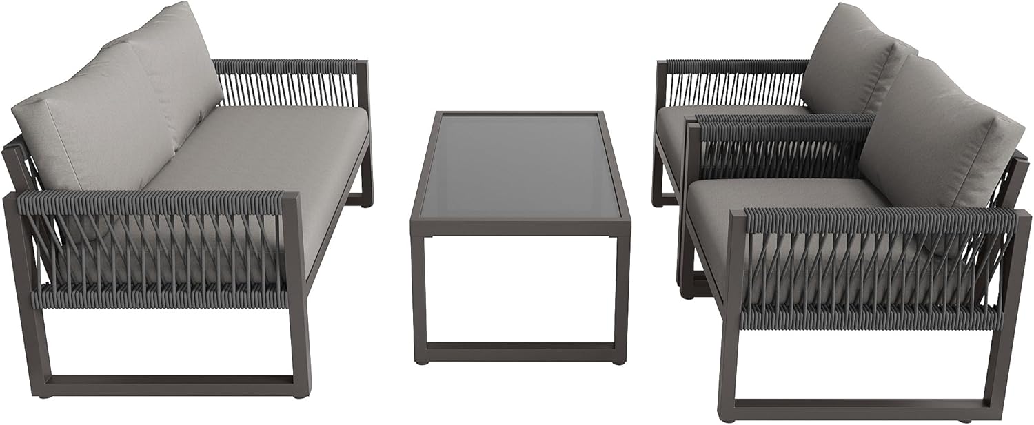 4-Sitzer-Gartenmöbel-Set mit Kissen, Seil-Lounge-Set inklusive 2-Sitzer-Sofa, 2 Sesseln und Tisch für den Außenbereich, Terrasse, drinnen (grau)