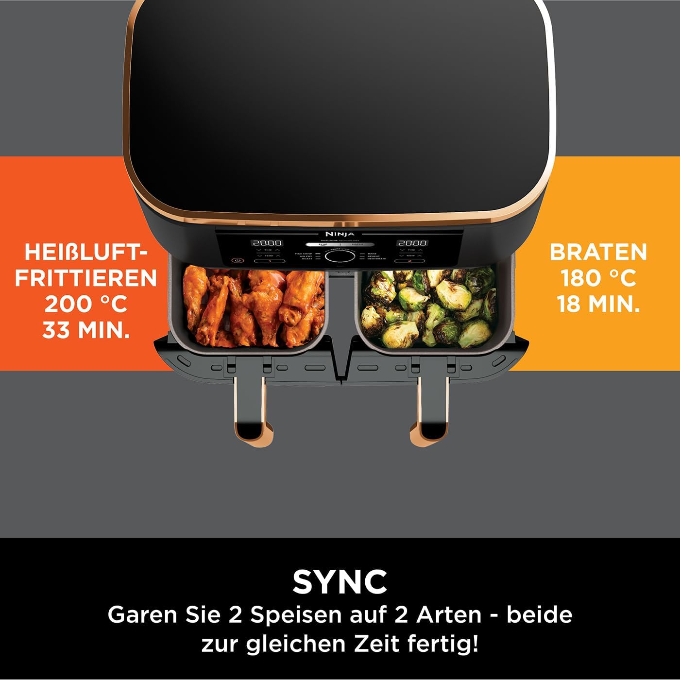 Ninja Foodi MAX Dual Zone Heißluftfritteuse [AF400EUCP] Amazon Exclusive, ‎2470 Watt , 9,5 L, 2 Heißluft-Frittierfächer, 6 Funktionen, 27 x 41.5 x 32.5 cm, Kupfer/Schwarz