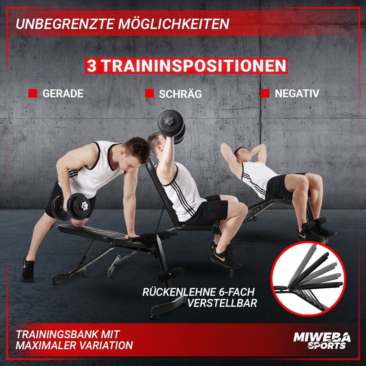 Miweba Sports Hantelbank MB200, klappbar, Schrägbank/Flachbank, verstellbar, 200 kg, EVA-Polster (MB-200PowerRope)