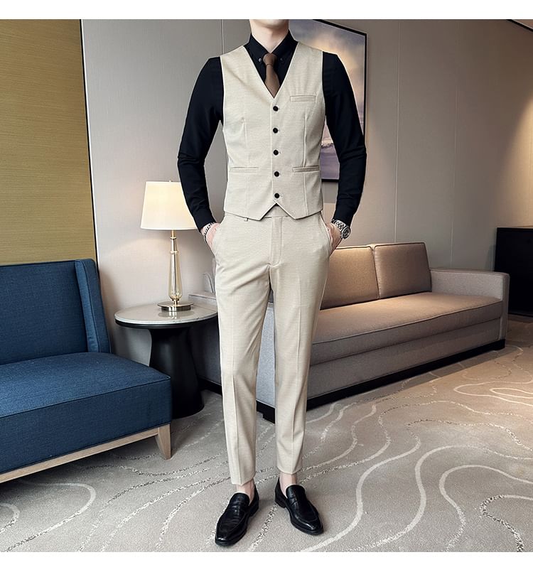 Blueforce - Set: Effen blazer + V-hals vest met knoopjes + Hoge taille rechte broek