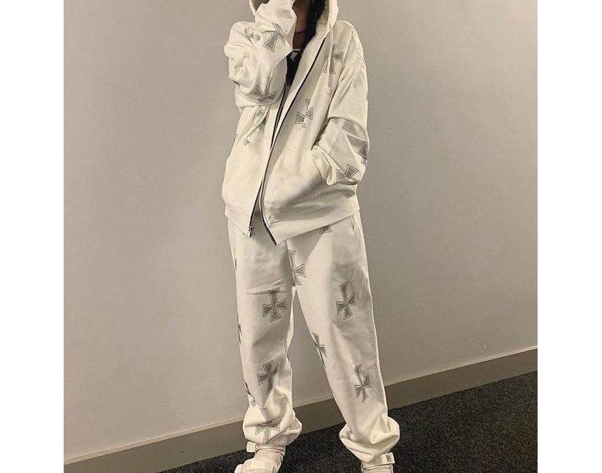 Bolgivy - Cross Rhinestone Zip-Up Hoodie / Sweatpants
